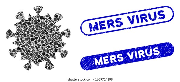 Mosaic MERS virus icon and red round rubber stamp seal with Mers Virus caption and coronavirus symbol. Mosaic vector is created with MERS virus icon and with randomized circle elements.