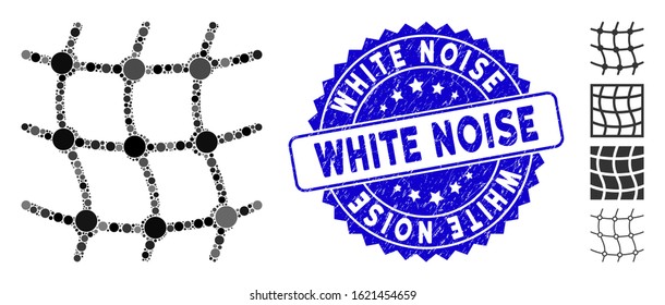 Mosaic mesh grid icon and grunge stamp seal with White Noise phrase. Mosaic vector is composed with mesh grid icon and with random round items. White Noise stamp uses blue color, and dirty surface.