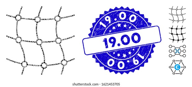 Mosaic mesh net icon and distressed stamp watermark with 19.00 text. Mosaic vector is formed with mesh net pictogram and with randomized round items. 19.00 stamp seal uses blue color,