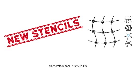 Mosaic mesh network pictogram and red New Stencils seal stamp between double parallel lines. Flat vector mesh network mosaic pictogram of random rotated rectangular elements.