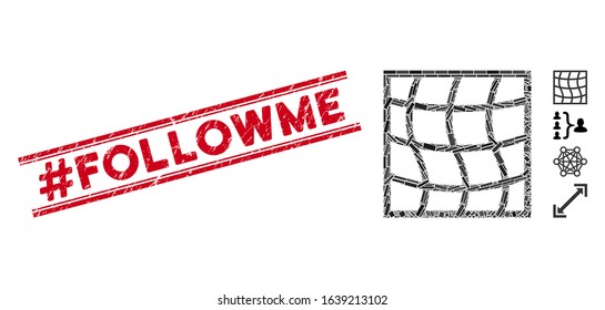 Mosaic mesh pictogram and red #Followme seal between double parallel lines. Flat vector mesh mosaic pictogram of scattered rotated rectangle elements. Red #Followme rubber seal with distress surface.