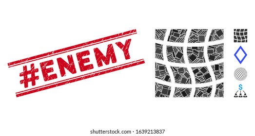 Mosaic mesh square icon and red #Enemy seal between double parallel lines. Flat vector mesh square mosaic icon of scattered rotated rectangle items. Red #Enemy rubber seal with distress surface.
