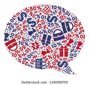 Mosaic message cloud designed with blue and red shopping symbols. Retail composition of mosaic message cloud icon. Flat design for shopping illustrations.