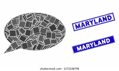 Mosaic message cloud pictogram and rectangular Maryland rubber prints. Flat vector message cloud mosaic pictogram of scattered rotated rectangular items.