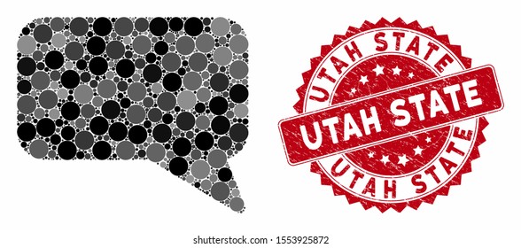 Mosaic message cloud and rubber stamp watermark with Utah State caption. Mosaic vector is designed with message cloud icon and with random spheric items. Utah State stamp seal uses red color,