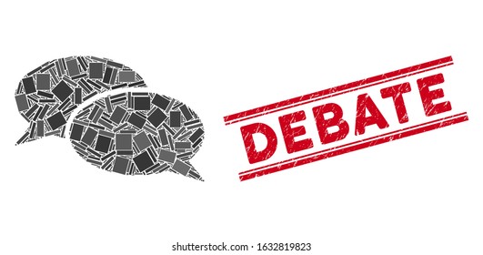 Mosaic message clouds pictogram and red Debate stamp between double parallel lines. Flat vector message clouds mosaic pictogram of scattered rotated rectangular elements.