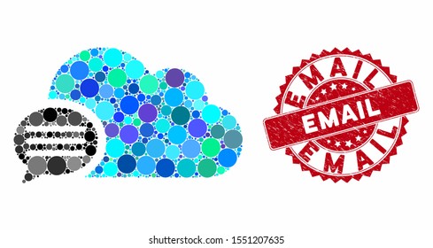 Mosaic message and corroded stamp seal with Email phrase. Mosaic vector is formed with message icon and with randomized circle elements. Email stamp seal uses red color, and distress surface.