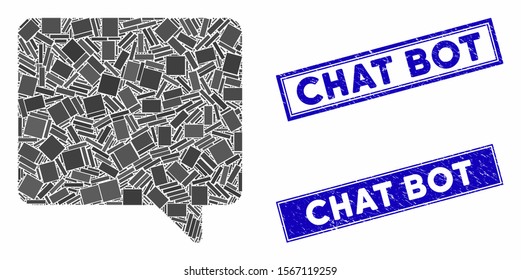 Mosaic message icon and rectangle seal stamps. Flat vector message mosaic icon of randomized rotated rectangle items. Blue caption seal stamps with rubber textures.