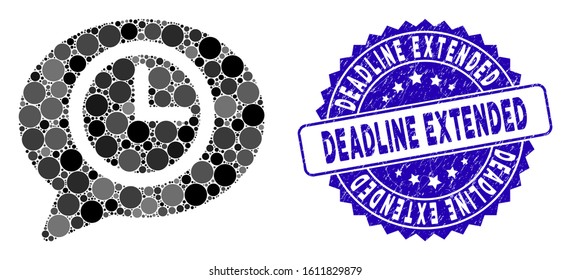 Mosaic message time icon and grunge stamp watermark with Deadline Extended phrase. Mosaic vector is designed with message time icon and with randomized spheric items.