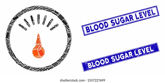 Mosaic meter icon and rectangular watermarks. Flat vector meter mosaic icon of random rotated rectangular items. Blue caption watermarks with grunged texture.