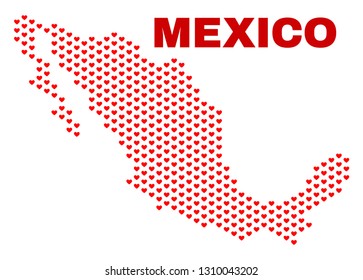Mosaic Mexico map of heart hearts in red color isolated on a white background. Regular red heart pattern in shape of Mexico map. Abstract design for Valentine illustrations.