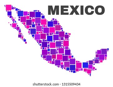 Mosaic Mexico map isolated on a white background. Vector geographic abstraction in pink and violet colors. Mosaic of Mexico map combined of random square elements.