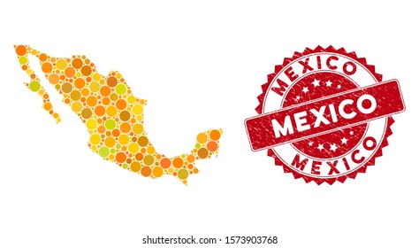 Mosaic Mexico map and round stamp. Flat vector Mexico map mosaic of random round elements. Red seal stamp with grunge surface. Designed for political and patriotic doctrines.
