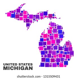 Mosaic Michigan State map isolated on a white background. Vector geographic abstraction in pink and violet colors. Mosaic of Michigan State map designed from scattered square elements.