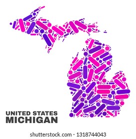 Mosaic Michigan State map isolated on a white background. Vector geographic abstraction in pink and violet colors. Mosaic of Michigan State map combined of random circle dots and lines.