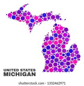 Mosaic Michigan State map isolated on a white background. Vector geographic abstraction in pink and violet colors. Mosaic of Michigan State map combined of scattered circle items.