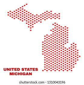 Mosaic Michigan State map of love hearts in red color isolated on a white background. Regular red heart pattern in shape of Michigan State map. Abstract design for Valentine illustrations.