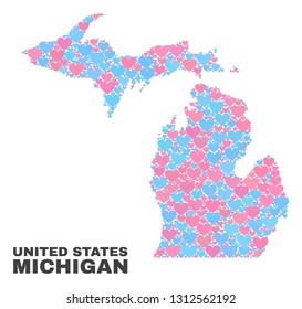 Mosaic Michigan State map of lovely hearts in pink and blue colors isolated on a white background. Lovely heart collage in shape of Michigan State map. Abstract design for Valentine illustrations.