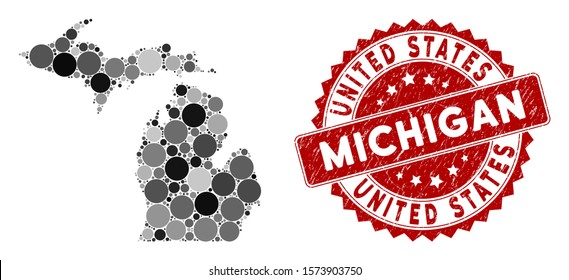 Mosaic Michigan State map and round rubber print. Flat vector Michigan State map mosaic of randomized round elements. Red seal stamp with distress design.