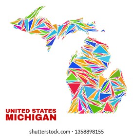 Mosaic Michigan State map of triangles in bright colors isolated on a white background. Triangular collage in shape of Michigan State map. Abstract design for patriotic purposes.