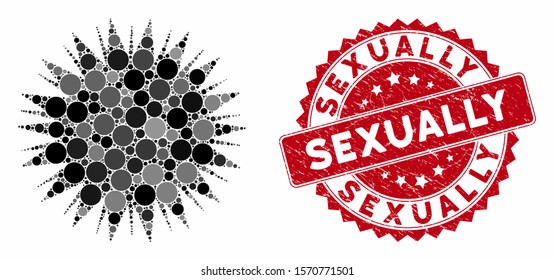 Mosaic microbe spore and rubber stamp seal with Sexually phrase. Mosaic vector is created from microbe spore icon and with random circle items. Sexually stamp seal uses red color, and rubber design.
