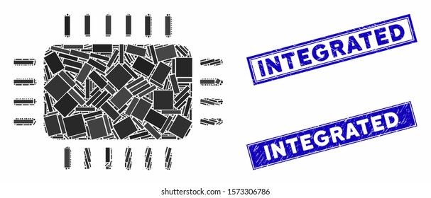 Mosaic microchip icon and rectangle Integrated stamps. Flat vector microchip mosaic icon of scattered rotated rectangle items. Blue Integrated rubber stamps with rubber surface.
