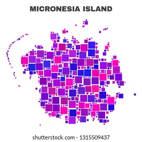 Mosaic Micronesia island map isolated on a white background. Vector geographic abstraction in pink and violet colors. Mosaic of Micronesia island map combined of scattered square items.