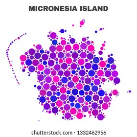 Mosaic Micronesia island map isolated on a white background. Vector geographic abstraction in pink and violet colors. Mosaic of Micronesia island map combined of random round items.