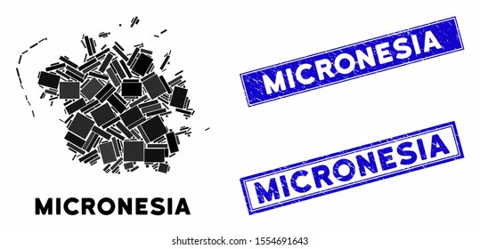 Mosaic Micronesia island map and rectangular watermarks. Flat vector Micronesia island map mosaic of randomized rotated rectangular elements. Blue caption watermarks with grunge textures.