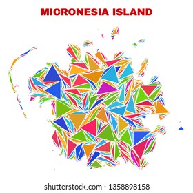 Mosaic Micronesia island map of triangles in bright colors isolated on a white background. Triangular collage in shape of Micronesia island map. Abstract design for patriotic illustrations.