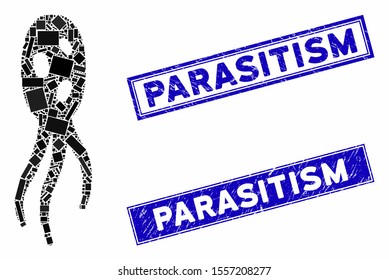 Mosaic microorganism icon and rectangular watermarks. Flat vector microorganism mosaic icon of scattered rotated rectangular items. Blue caption rubber stamps with scratched surface.