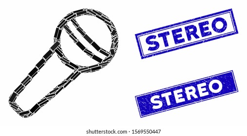 Mosaic microphone pictogram and rectangular seals. Flat vector microphone mosaic pictogram of scattered rotated rectangle items. Blue caption rubber seals with distress surface.