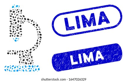 Mosaic microscope and distressed stamp seals with Lima phrase. Mosaic vector microscope is formed with randomized elliptic pieces. Lima stamp seals use blue color, and have round rectangle shape.