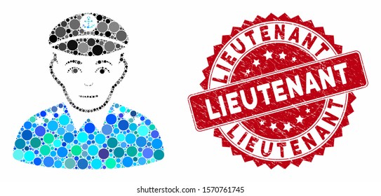 Mosaic military captain and distressed stamp seal with Lieutenant phrase. Mosaic vector is created with military captain icon and with scattered circle items. Lieutenant stamp seal uses red color,