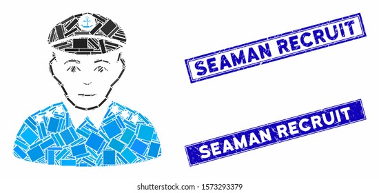 Mosaic military captain pictogram and rectangular Seaman Recruit rubber prints. Flat vector military captain mosaic pictogram of scattered rotated rectangular elements.