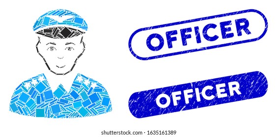 Mosaic military pilot officer and corroded stamp seals with Officer caption. Mosaic vector military pilot officer is designed with randomized rectangle items. Officer stamp seals use blue color,