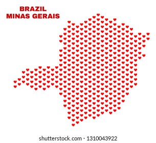 Mosaic Minas Gerais State map of love hearts in red color isolated on a white background. Regular red heart pattern in shape of Minas Gerais State map. Abstract design for Valentine illustrations.