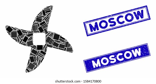 Mosaic mincer knife pictogram and rectangle Moscow seal stamps. Flat vector mincer knife mosaic icon of scattered rotated rectangle items. Blue Moscow seal stamps with dirty textures.