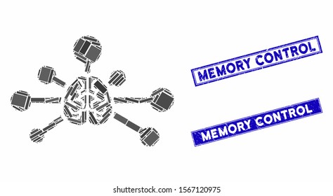 Mosaic mind control links icon and rectangular seals. Flat vector mind control links mosaic icon of random rotated rectangular items. Blue caption rubber stamps with rubber textures.