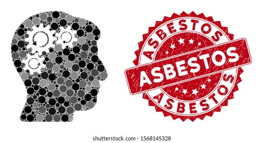 Mosaic mind gear rotation and corroded stamp seal with Asbestos caption. Mosaic vector is formed with mind gear rotation icon and with randomized spheric elements. Asbestos stamp seal uses red color,