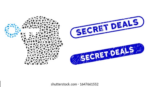 Llave de la mente mosaica y sellos de goma con la frase Acuerdos secretos. La clave de mente vectorial mosaico se crea con elementos ovales aleatorios. Los sellos de sellos de sello Secret Deals usan color azul y tienen forma rectangular redonda.