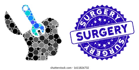 Mosaic mind wrench surgery icon and corroded stamp seal with Surgery caption. Mosaic vector is created with mind wrench surgery icon and with random spheric elements.
