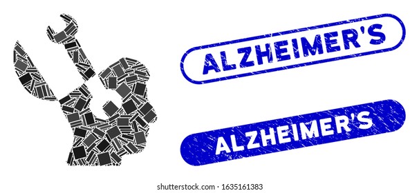 Mosaic mind wrench tools and corroded stamp seals with Alzheimer'S caption. Mosaic vector mind wrench tools is created with scattered rectangle items. Alzheimer'S stamp seals use blue color,