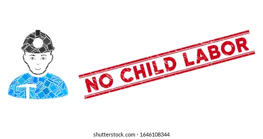 Mosaic miner pictogram and red No Child Labor seal stamp between double parallel lines. Flat vector miner mosaic icon of randomized rotated rectangular items.