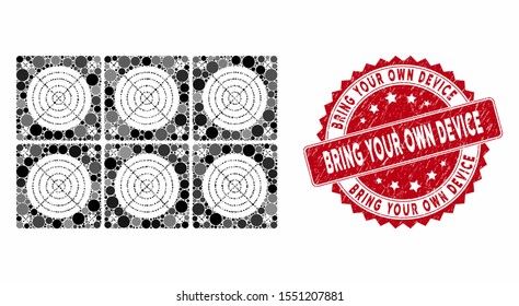 Mosaic mining ASIC farm and rubber stamp watermark with Bring Your Own Device text. Mosaic vector is formed with mining ASIC farm icon and with scattered circle items.