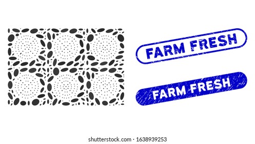 Mosaic mining ASIC farm and rubber stamp seals with Farm Fresh phrase. Mosaic vector mining ASIC farm is designed with scattered ellipse elements. Farm Fresh stamp seals use blue color,
