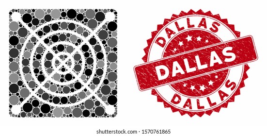 Mosaic mining ASIC hardware and corroded stamp seal with Dallas phrase. Mosaic vector is formed with mining ASIC hardware icon and with random circle items. Dallas stamp seal uses red color,