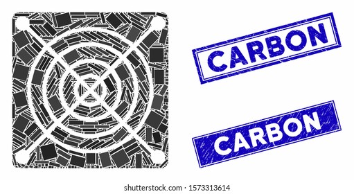 Mosaic mining ASIC hardware pictogram and rectangle Carbon seals. Flat vector mining ASIC hardware mosaic pictogram of scattered rotated rectangle elements. Blue Carbon seals with grunge surface.