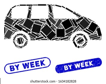 Mosaic minivan and rubber stamp watermarks with By Week caption. Mosaic vector minivan is formed with randomized rectangle items. By Week stamp seals use blue color, and have round rectangle shape.