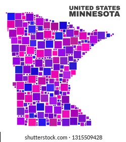 Mosaic Minnesota State map isolated on a white background. Vector geographic abstraction in pink and violet colors. Mosaic of Minnesota State map combined of random small squares.